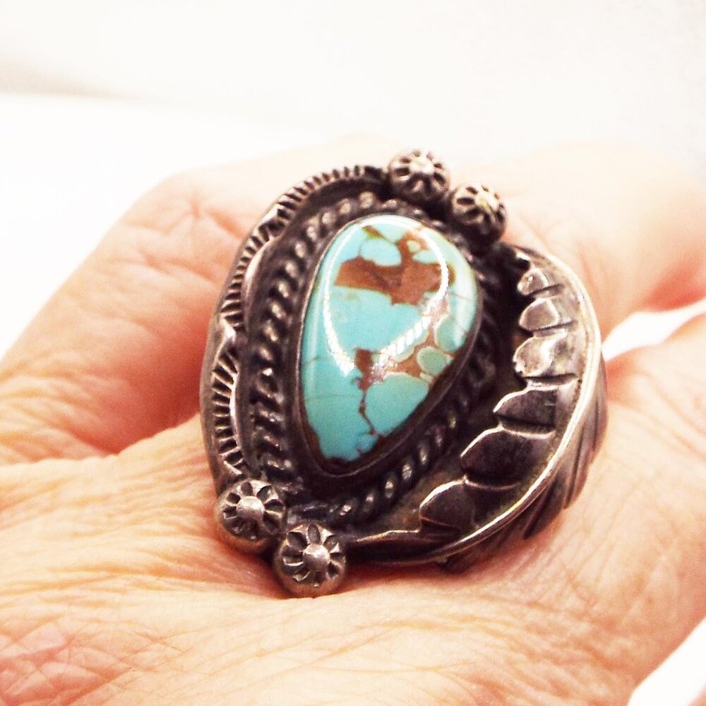 PRE-1900 ANTIQUE PAWN NAVAJO STERLING SILVER CERRILLOS TURQUOISE SZ.8 RING #1 H - Picture 5 of 6